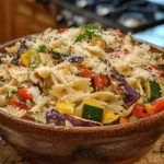 A colorful bowl of farfalle pasta served with fresh vegetables and herbs, showcasing its butterfly-shaped design and vibrant presentation.