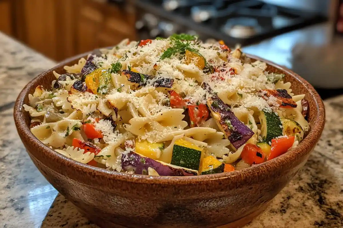 A colorful bowl of farfalle pasta served with fresh vegetables and herbs, showcasing its butterfly-shaped design and vibrant presentation.