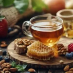 A cozy setup featuring a slice of honeycomb served on a wooden plate, surrounded by a jar of raw honey, fresh fruits, nuts, and a cup of tea, emphasizing the natural and healthy appeal of honeycomb.