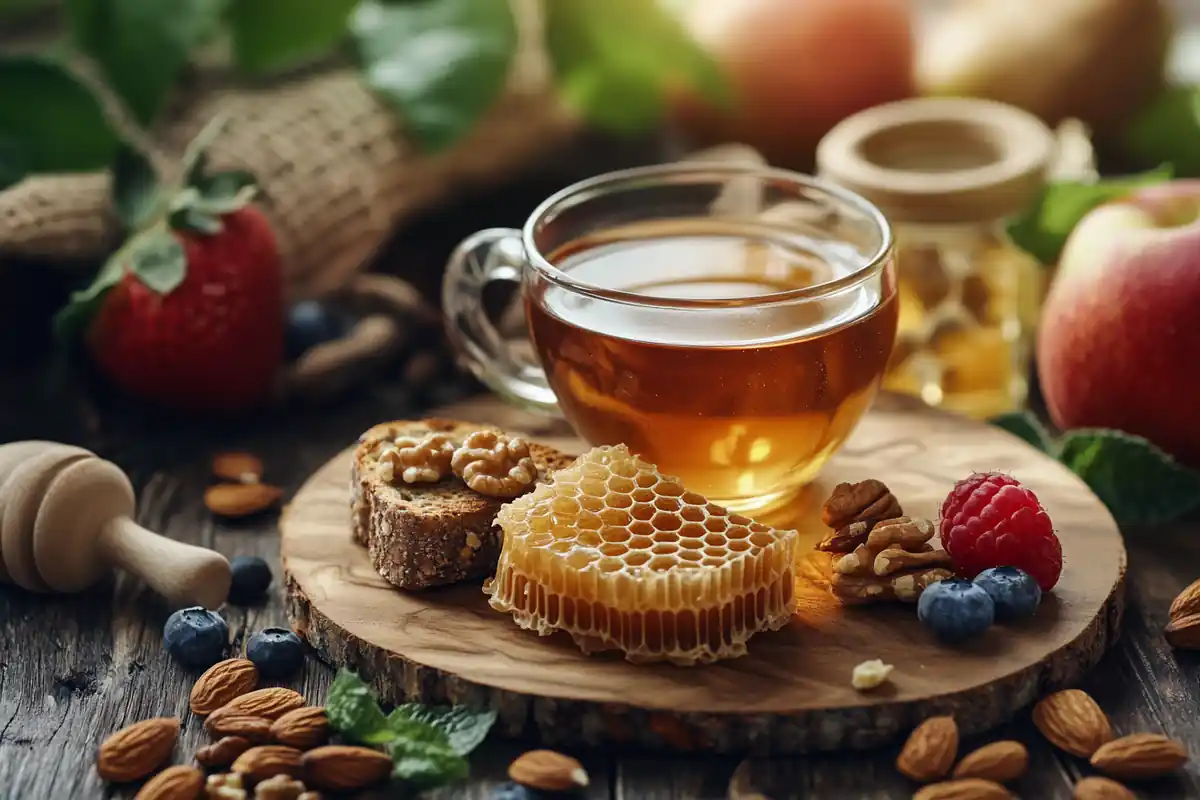 A cozy setup featuring a slice of honeycomb served on a wooden plate, surrounded by a jar of raw honey, fresh fruits, nuts, and a cup of tea, emphasizing the natural and healthy appeal of honeycomb.