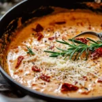 A creamy skillet of Marry Me Chicken with golden-brown chicken breasts, sun-dried tomatoes, and a rich Parmesan cream sauce.