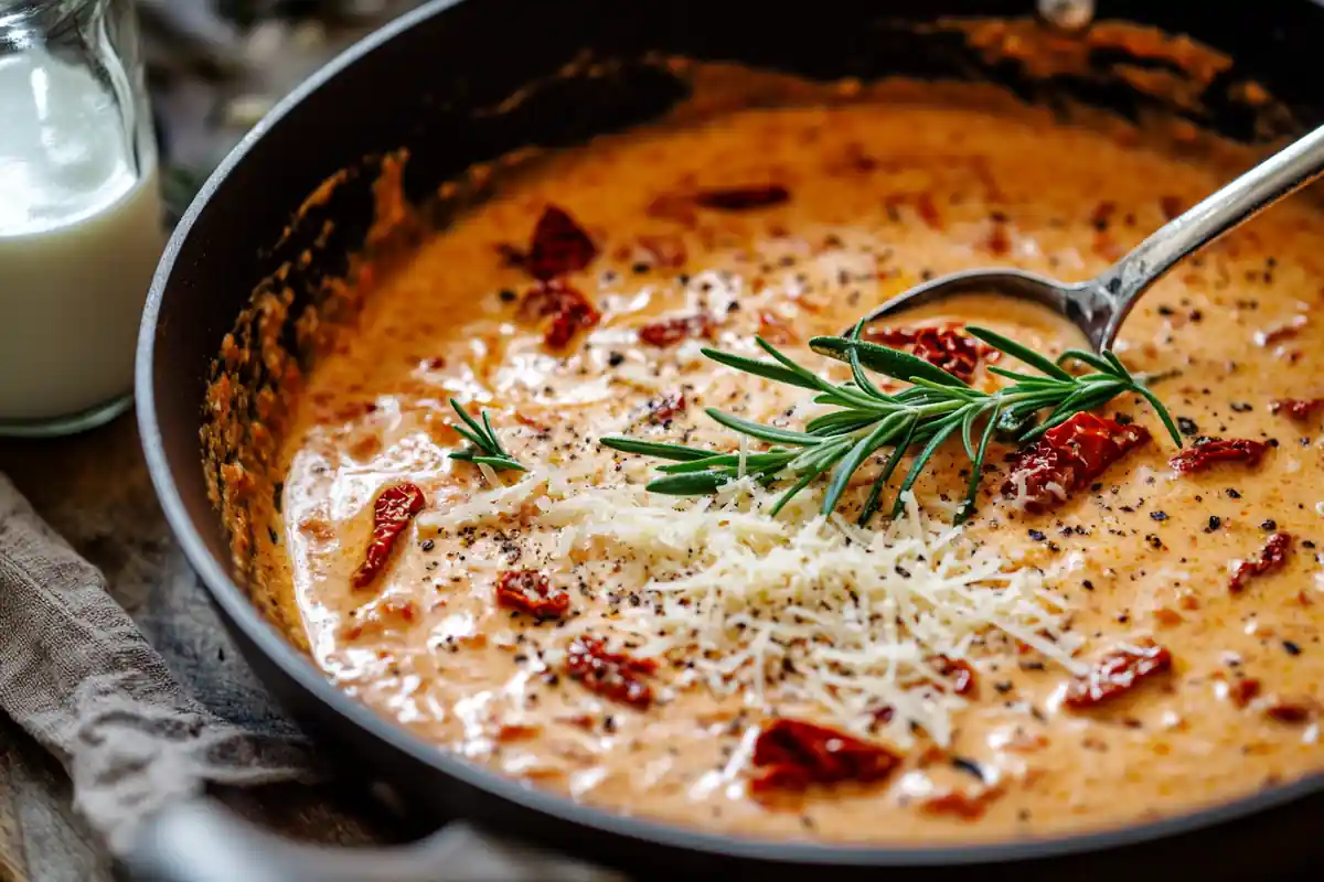 A creamy skillet of Marry Me Chicken with golden-brown chicken breasts, sun-dried tomatoes, and a rich Parmesan cream sauce.