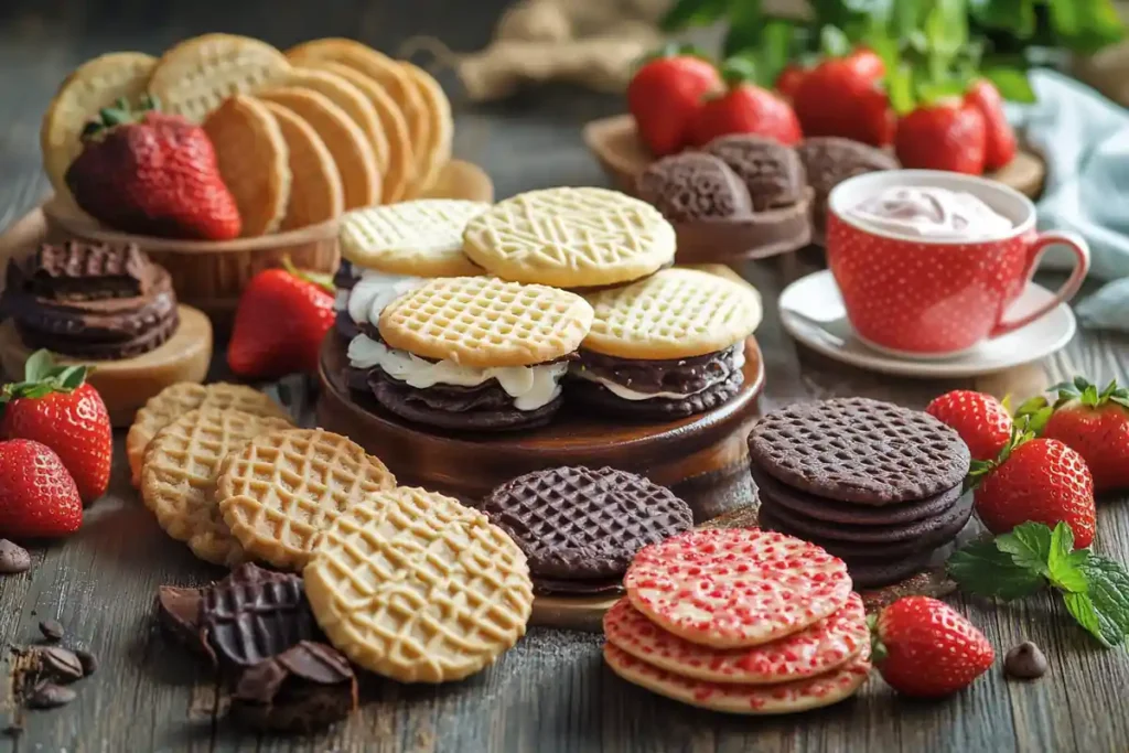 An assortment of wafer cookies in vanilla, chocolate, and strawberry flavors on a wooden table.