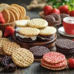 An assortment of wafer cookies in vanilla, chocolate, and strawberry flavors on a wooden table.