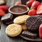 A variety of wafer cookies, including chocolate-dipped and vanilla-filled, on a rustic table.