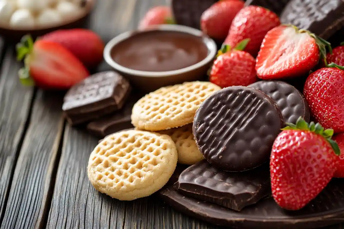 A variety of wafer cookies, including chocolate-dipped and vanilla-filled, on a rustic table.