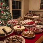 A festive dessert table featuring classic Christmas desserts, including a Yule log cake, Christmas pudding, gingerbread cookies, and fruit tarts with holiday decorations.