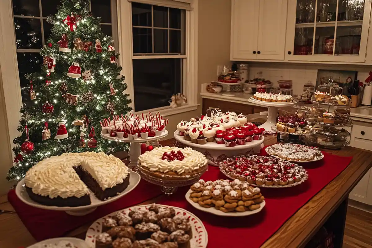 A festive dessert table featuring classic Christmas desserts, including a Yule log cake, Christmas pudding, gingerbread cookies, and fruit tarts with holiday decorations.