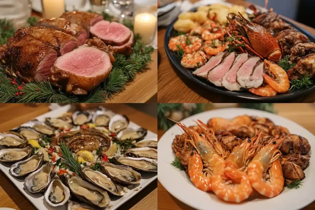 A split-screen or single table featuring various Christmas dinner meats, including roasted turkey, glazed ham, roast beef, and seafood platters, accompanied by holiday side dishes and festive decorations.