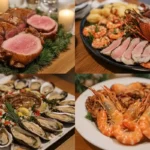 A split-screen or single table featuring various Christmas dinner meats, including roasted turkey, glazed ham, roast beef, and seafood platters, accompanied by holiday side dishes and festive decorations.