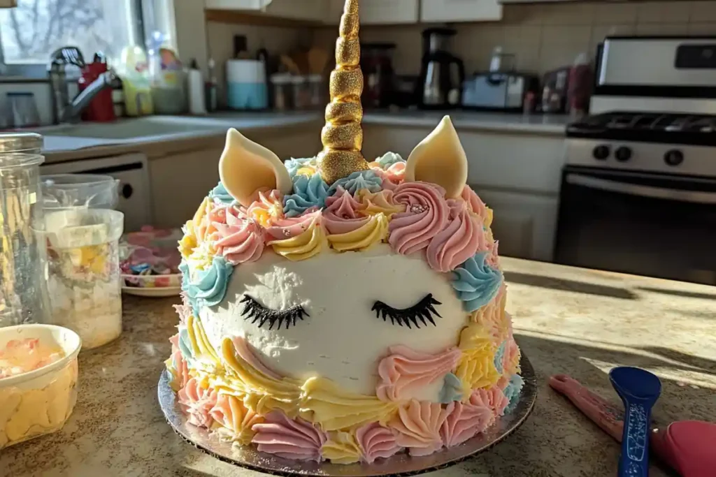 A completed unicorn cake with a golden fondant horn, colorful buttercream mane, and decorative closed eyes, placed on a cake stand.