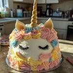 A completed unicorn cake with a golden fondant horn, colorful buttercream mane, and decorative closed eyes, placed on a cake stand.