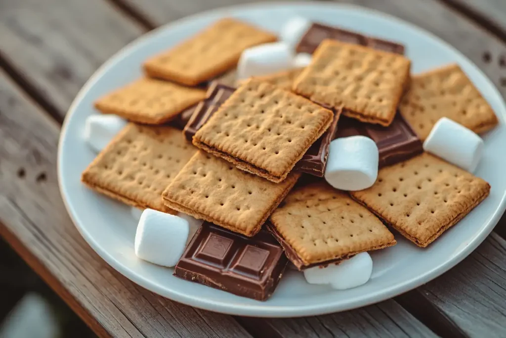 A plate of graham crackers arranged with marshmallows and chocolate, ready for making s'mores, placed on a rustic wooden table.