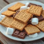 A plate of graham crackers arranged with marshmallows and chocolate, ready for making s'mores, placed on a rustic wooden table.