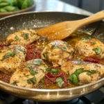 A skillet with tender chicken breasts cooking in creamy sauce, surrounded by sun-dried tomatoes and fresh herbs, for Marry Me Chicken Pasta.