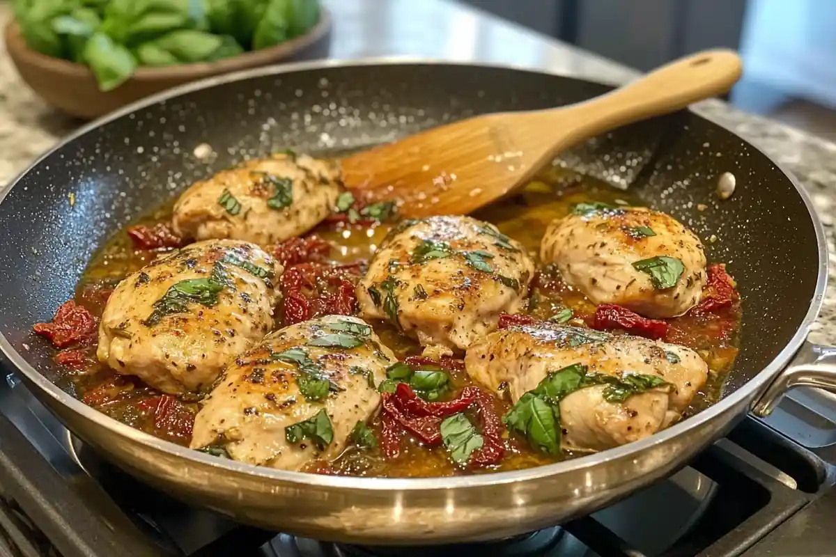 A skillet with tender chicken breasts cooking in creamy sauce, surrounded by sun-dried tomatoes and fresh herbs, for Marry Me Chicken Pasta.