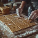 A step-by-step guide showing the process of making homemade graham crackers, from mixing ingredients to baking the finished crackers.