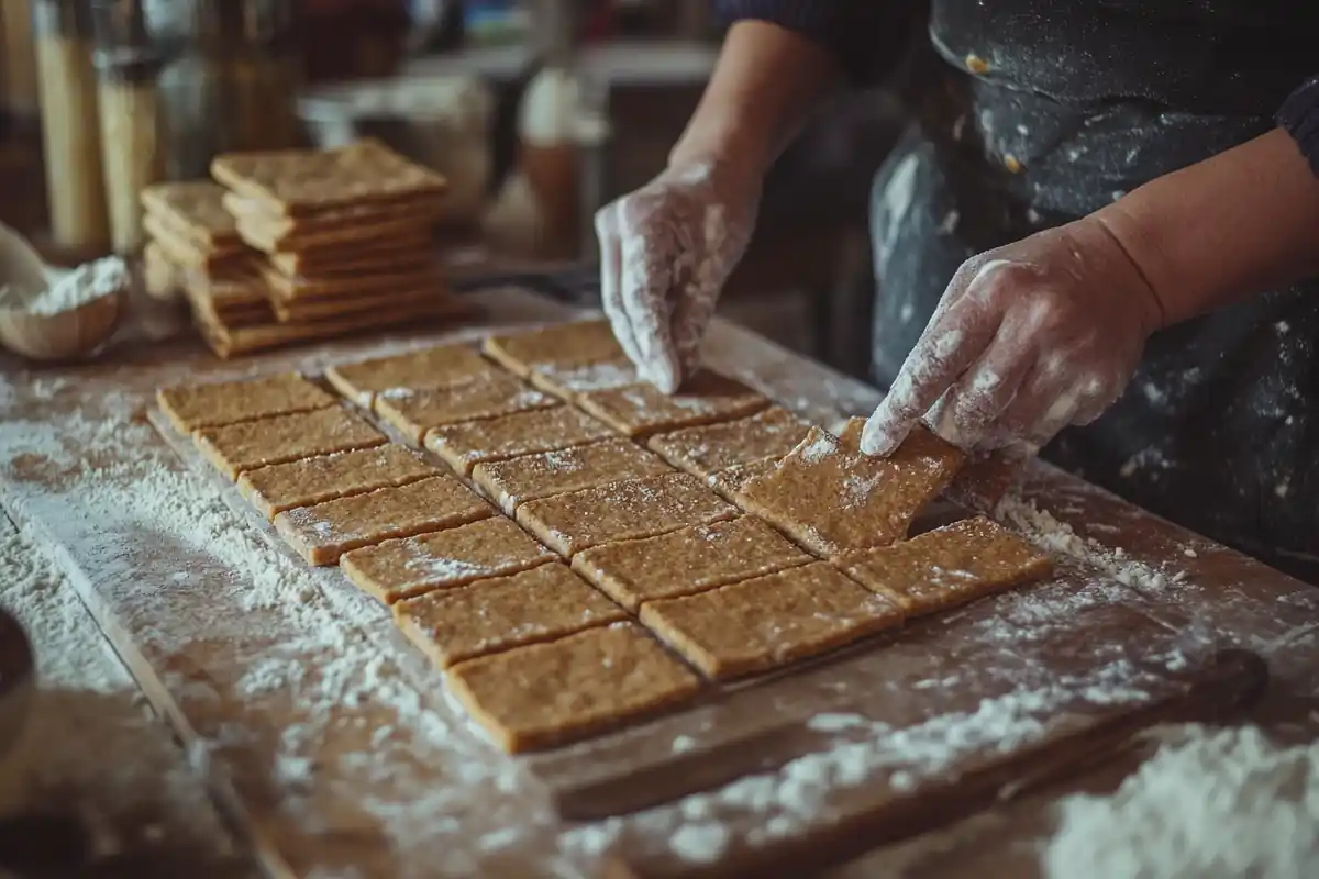 A step-by-step guide showing the process of making homemade graham crackers, from mixing ingredients to baking the finished crackers.