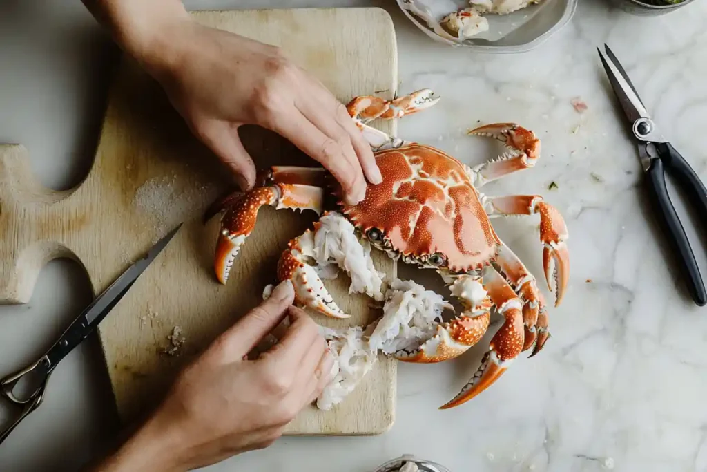 Soft shell crab preparation on a cutting board with scissors and tools.