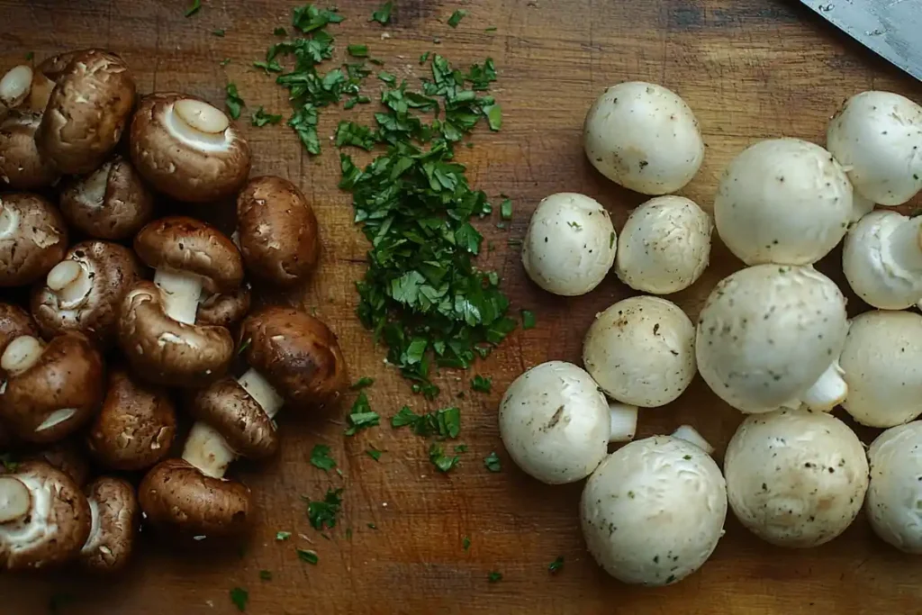 A side-by-side comparison of fresh crimini mushrooms and white mushrooms on a wooden cutting board. Crimini mushrooms are darker with firm caps, while white mushrooms are light and delicate. Natural lighting with an earthy kitchen setting in the background.