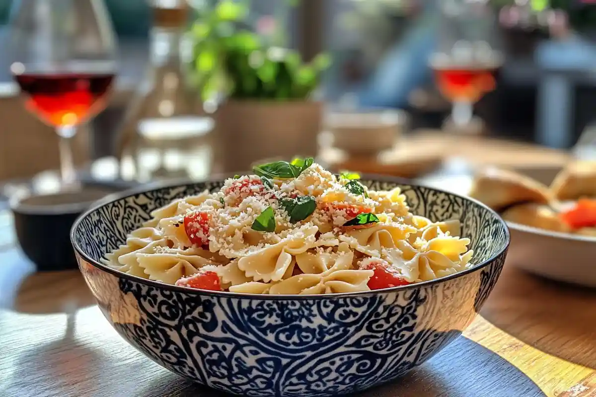 How is farfalle pronounced in Italian? A vibrant bowl of farfalle pasta with basil and olive oil.