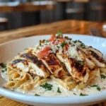 A beautifully plated chicken Alfredo pasta with creamy white sauce, grilled chicken slices, and fresh parsley garnish.