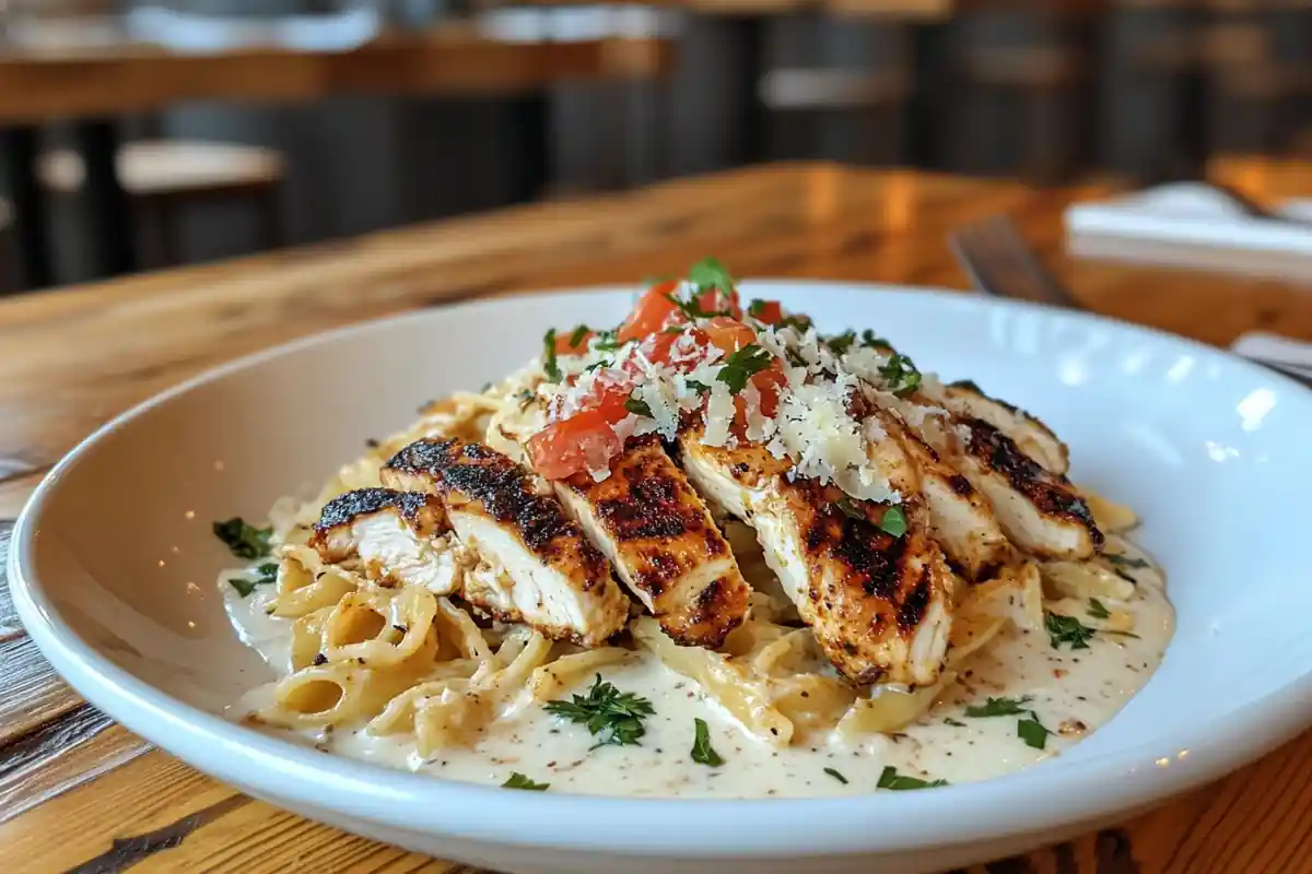 A beautifully plated chicken Alfredo pasta with creamy white sauce, grilled chicken slices, and fresh parsley garnish.