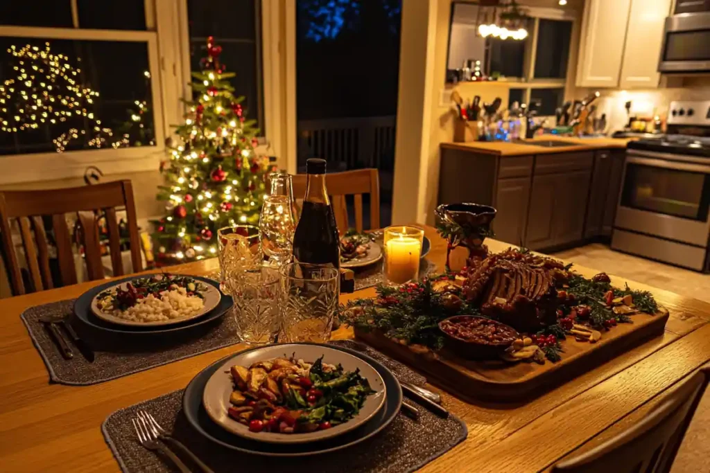 Christmas dinner table set for two people, featuring a festive centerpiece, two plates with holiday dishes, and a small Christmas tree nearby.