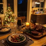 Christmas dinner table set for two people, featuring a festive centerpiece, two plates with holiday dishes, and a small Christmas tree nearby.