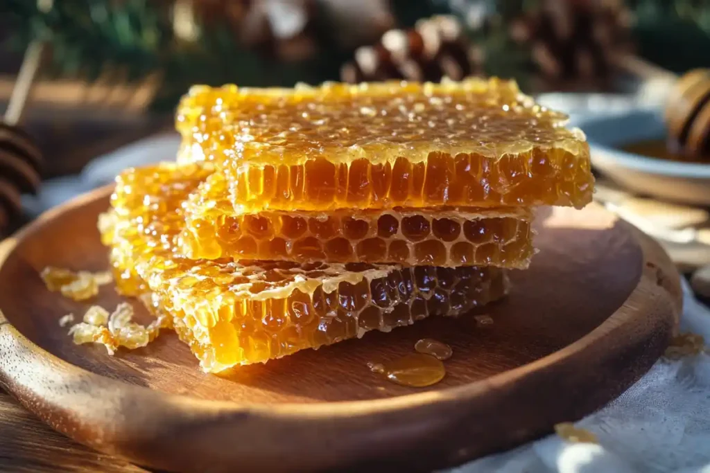 Close-up of golden honeycomb wax showcasing its natural hexagonal structure and glistening honey, perfect for culinary and health uses.