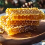 Close-up of golden honeycomb wax showcasing its natural hexagonal structure and glistening honey, perfect for culinary and health uses.