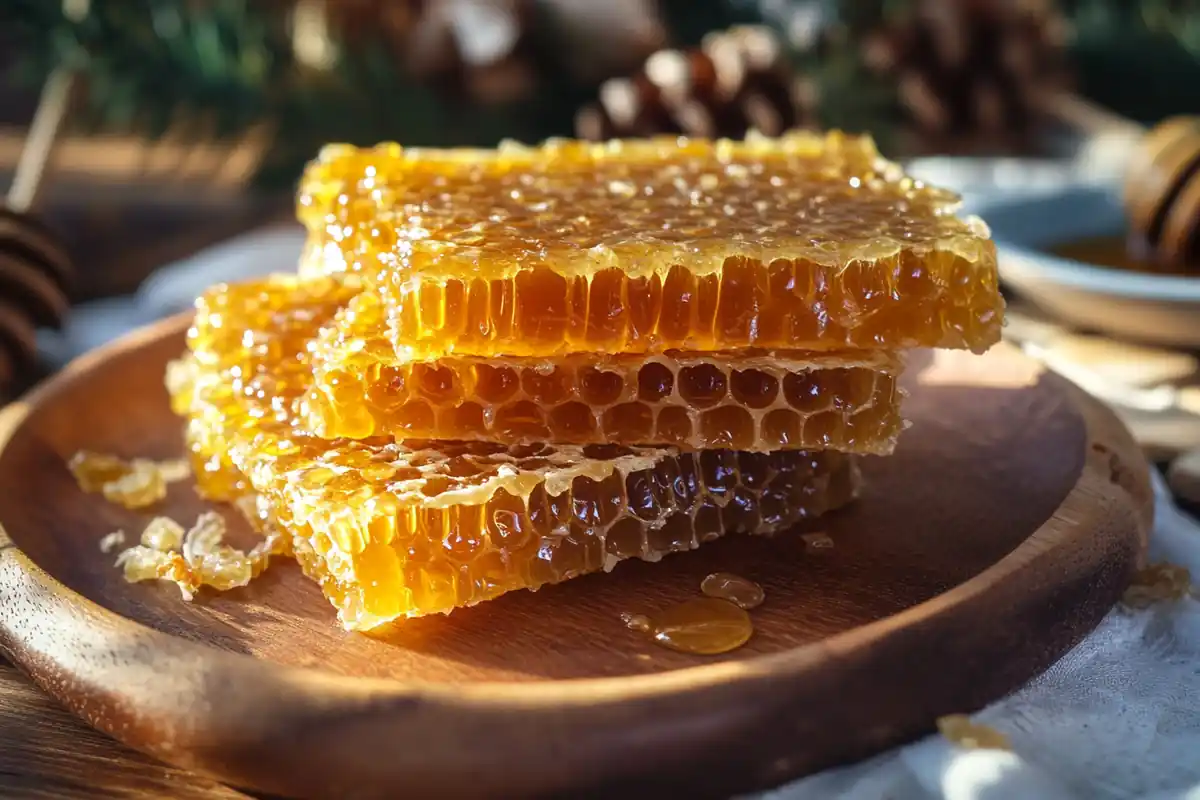 Close-up of golden honeycomb wax showcasing its natural hexagonal structure and glistening honey, perfect for culinary and health uses.