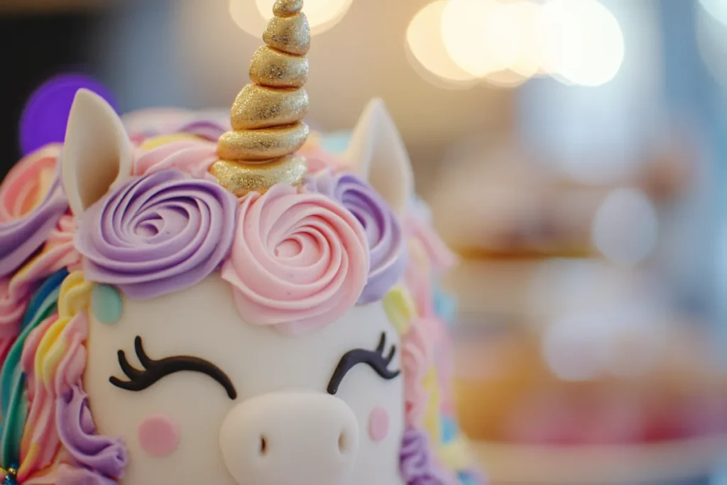 A close-up of a beautifully decorated unicorn cake with colorful frosting swirls, a golden horn, and fondant ears on a cake stand.