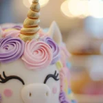 A close-up of a beautifully decorated unicorn cake with colorful frosting swirls, a golden horn, and fondant ears on a cake stand.