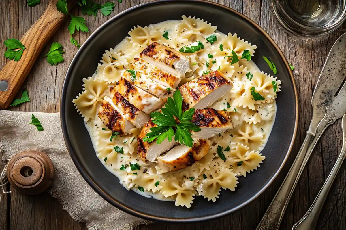 Farfalle pasta with creamy Alfredo sauce and chicken.