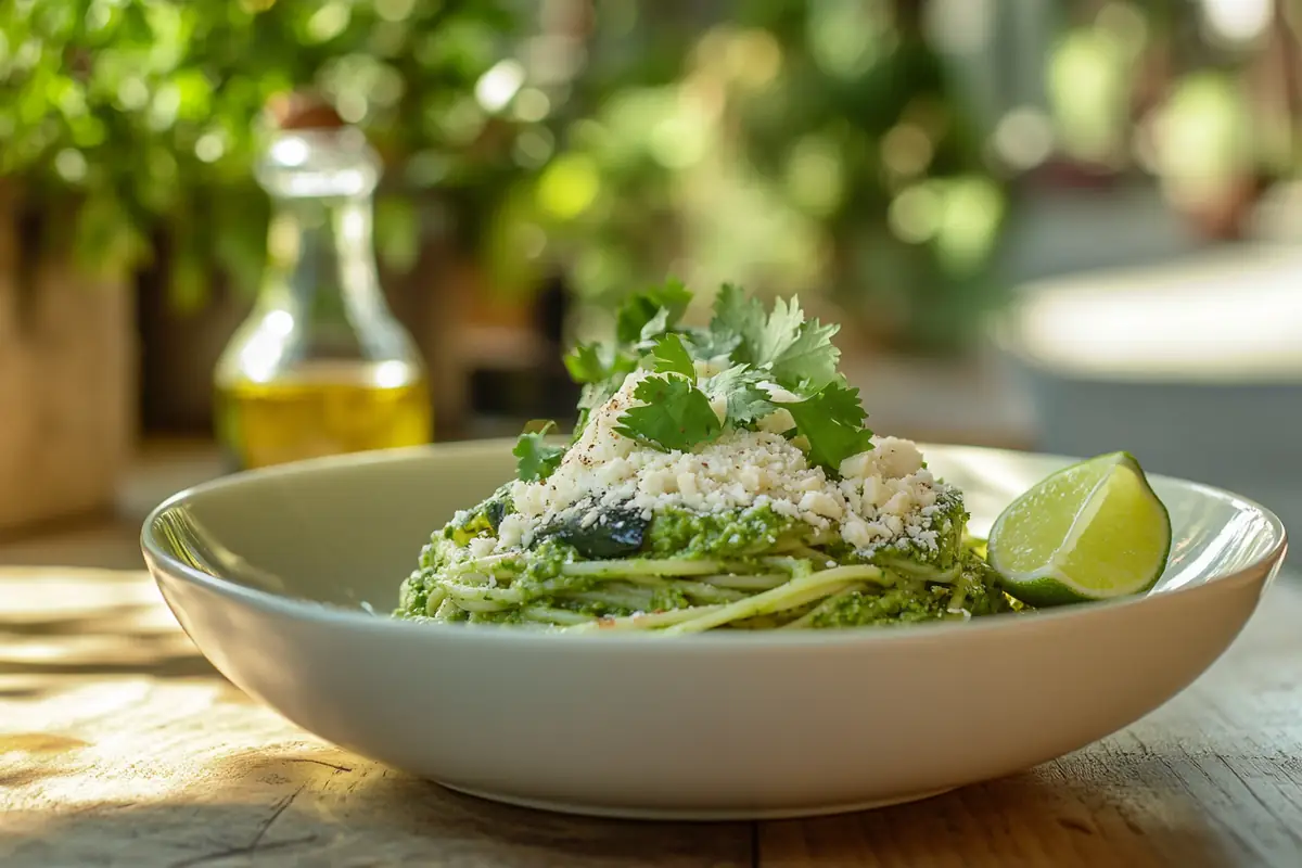 Green spaghetti served in a white bowl with garnishes.