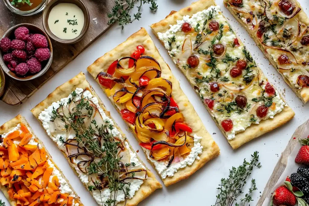 A table spread with cottage cheese flatbread variations, including roasted vegetables, caramelized onions, and sweet honey and berries.