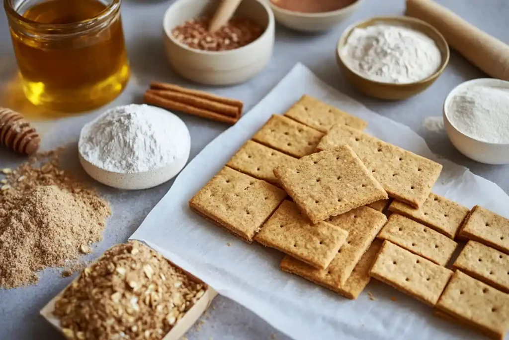 A creative display of graham crackers with healthy toppings like fresh fruit, nut butter, and yogurt, arranged on a wooden table.