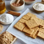 A creative display of graham crackers with healthy toppings like fresh fruit, nut butter, and yogurt, arranged on a wooden table.