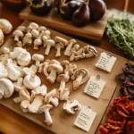 Cremini mushrooms and substitutes on a wooden cutting board