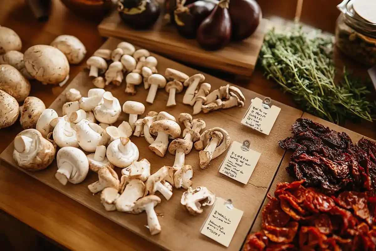 Cremini mushrooms and substitutes on a wooden cutting board