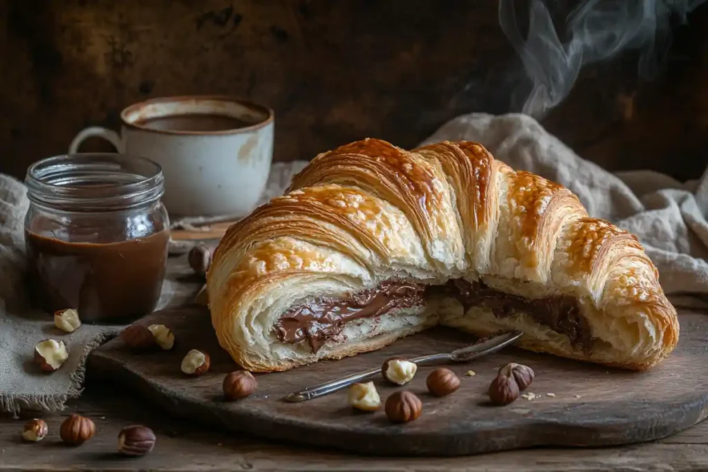 Croissant sliced and spread with Nutella on a wooden table