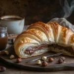 Croissant sliced and spread with Nutella on a wooden table