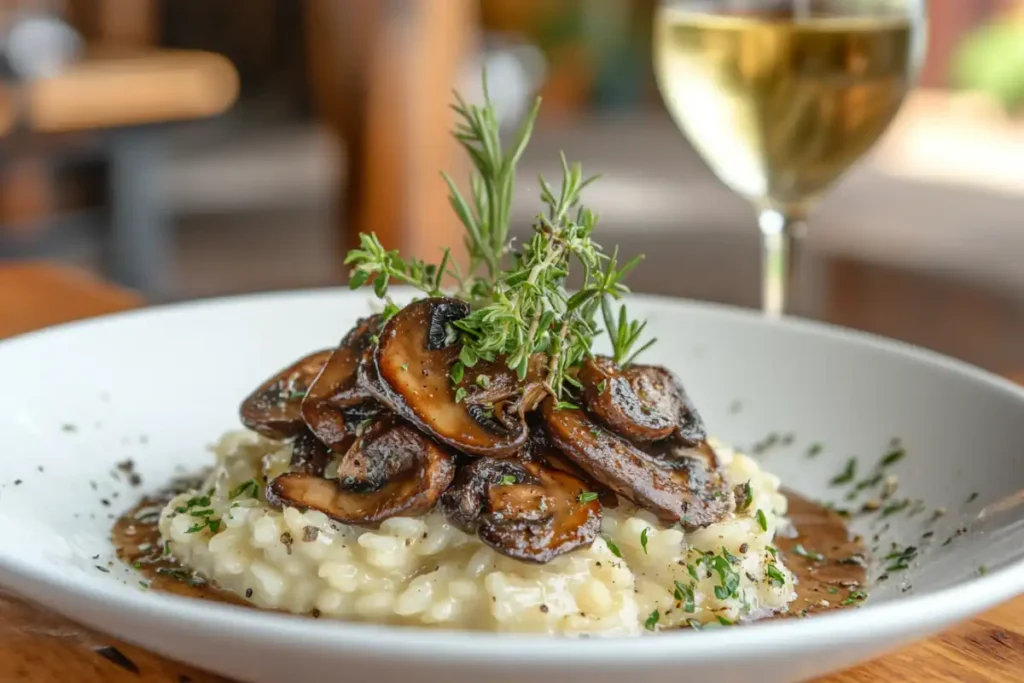 Plated cremini mushroom risotto topped with fresh rosemary and paired with a glass of white wine.