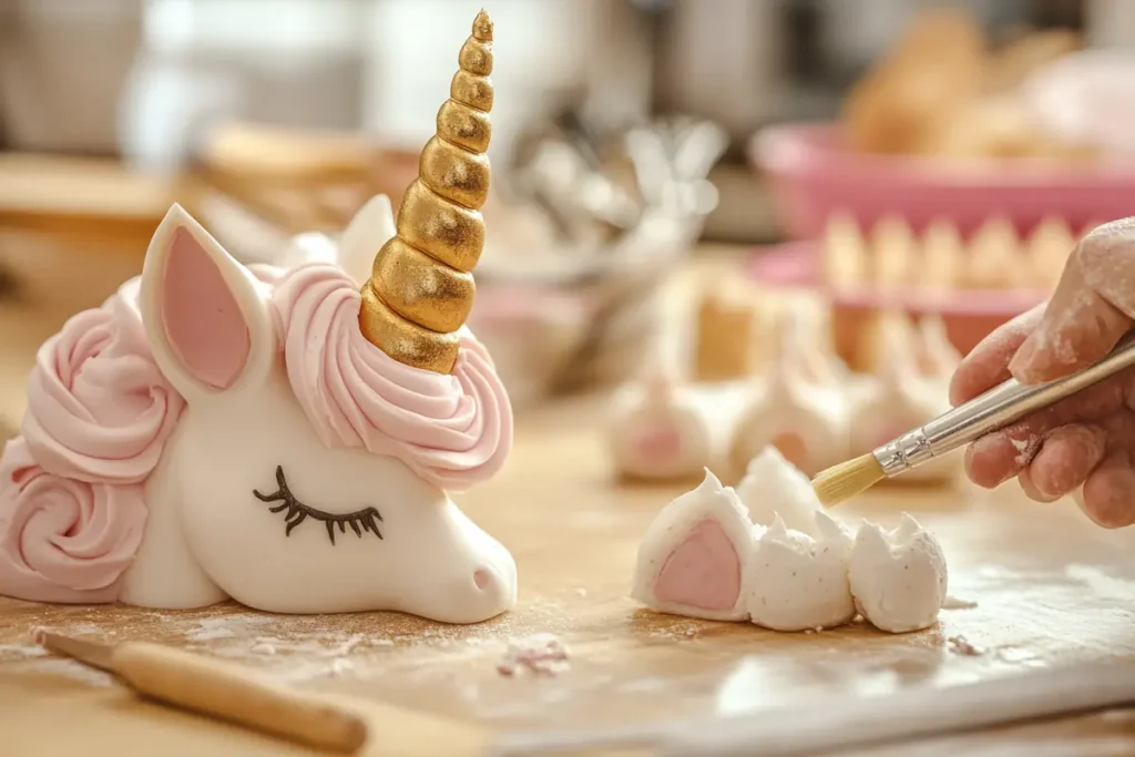 A detailed view of colorful buttercream frosting being mixed with gel-based food coloring in separate bowls for a unicorn cake.