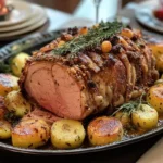 A festive Christmas dinner table featuring a roast turkey, mashed potatoes, and holiday decorations with candles and garlands.