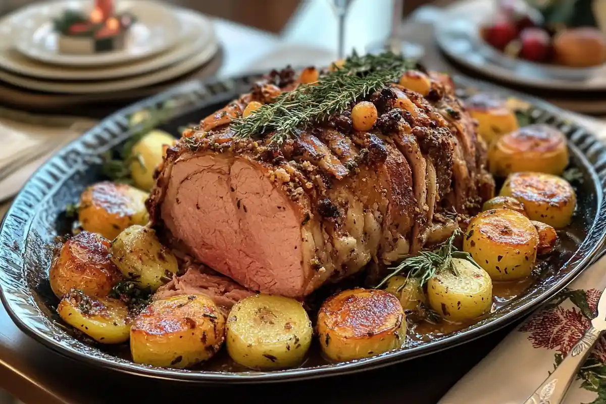 A festive Christmas dinner table featuring a roast turkey, mashed potatoes, and holiday decorations with candles and garlands.