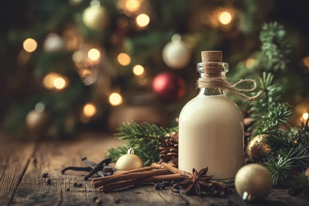 Bottle of rompope surrounded by holiday decorations and cinnamon sticks.