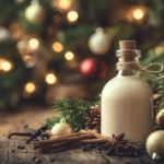 Bottle of rompope surrounded by holiday decorations and cinnamon sticks.