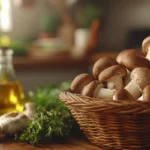 Fresh cremini mushrooms in a basket on a wooden countertop.